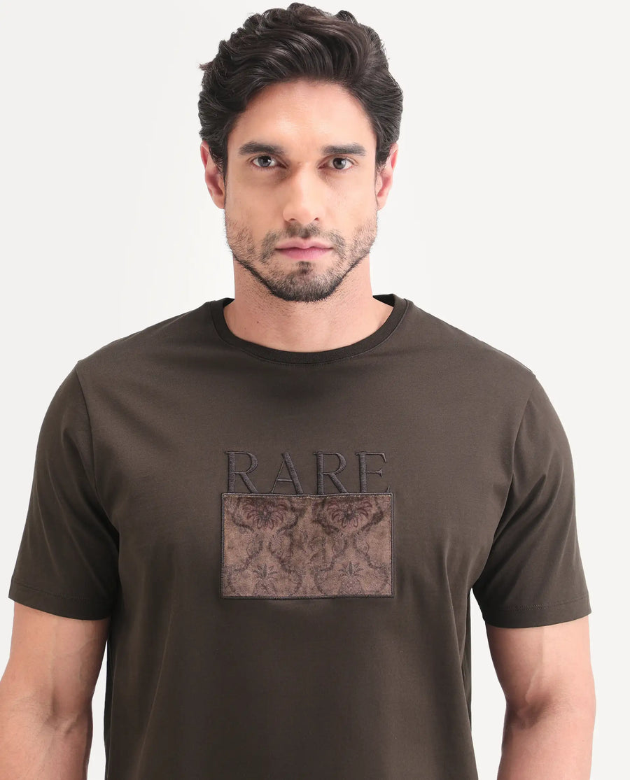 Rare Rabbit Men's Deb Dark Brown Cotton Fabric Half Sleeve Crew Neck Regular Fit Graphic Print T-Shirt