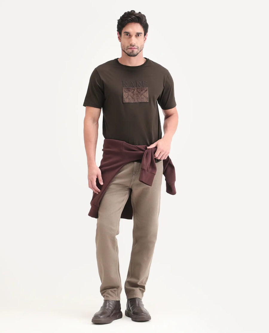 Rare Rabbit Men's Deb Dark Brown Cotton Fabric Half Sleeve Crew Neck Regular Fit Graphic Print T-Shirt
