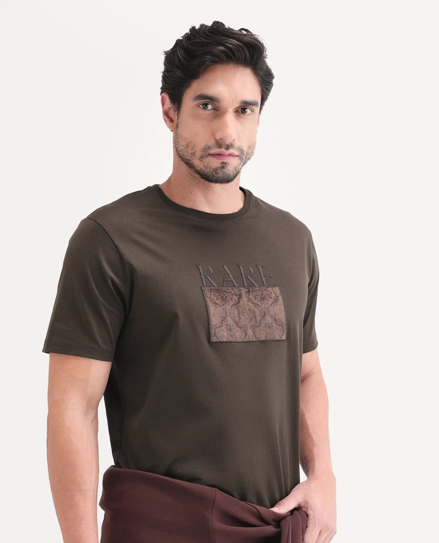 Rare Rabbit Men's Deb Dark Brown Cotton Fabric Half Sleeve Crew Neck Regular Fit Graphic Print T-Shirt