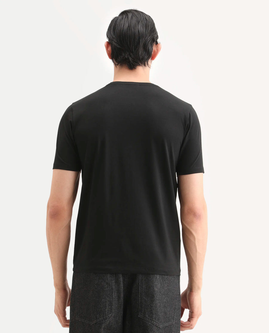 Rare Rabbit Men's Ery Black Cotton Blend Fabric Half Sleeve Crew Neck Regular Fit Puff Print T-Shirt