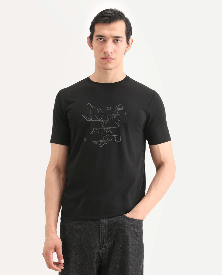 Rare Rabbit Men's Ery Black Cotton Blend Fabric Half Sleeve Crew Neck Regular Fit Puff Print T-Shirt