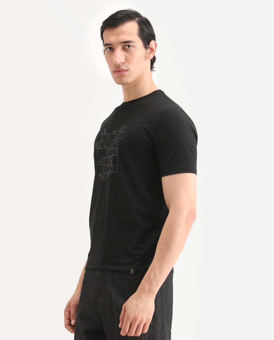 Rare Rabbit Men's Ery Black Cotton Blend Fabric Half Sleeve Crew Neck Regular Fit Puff Print T-Shirt