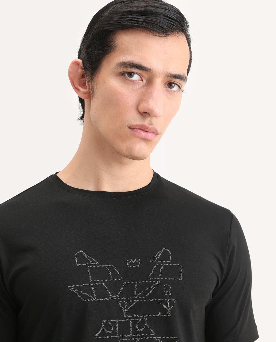 Rare Rabbit Men's Ery Black Cotton Blend Fabric Half Sleeve Crew Neck Regular Fit Puff Print T-Shirt