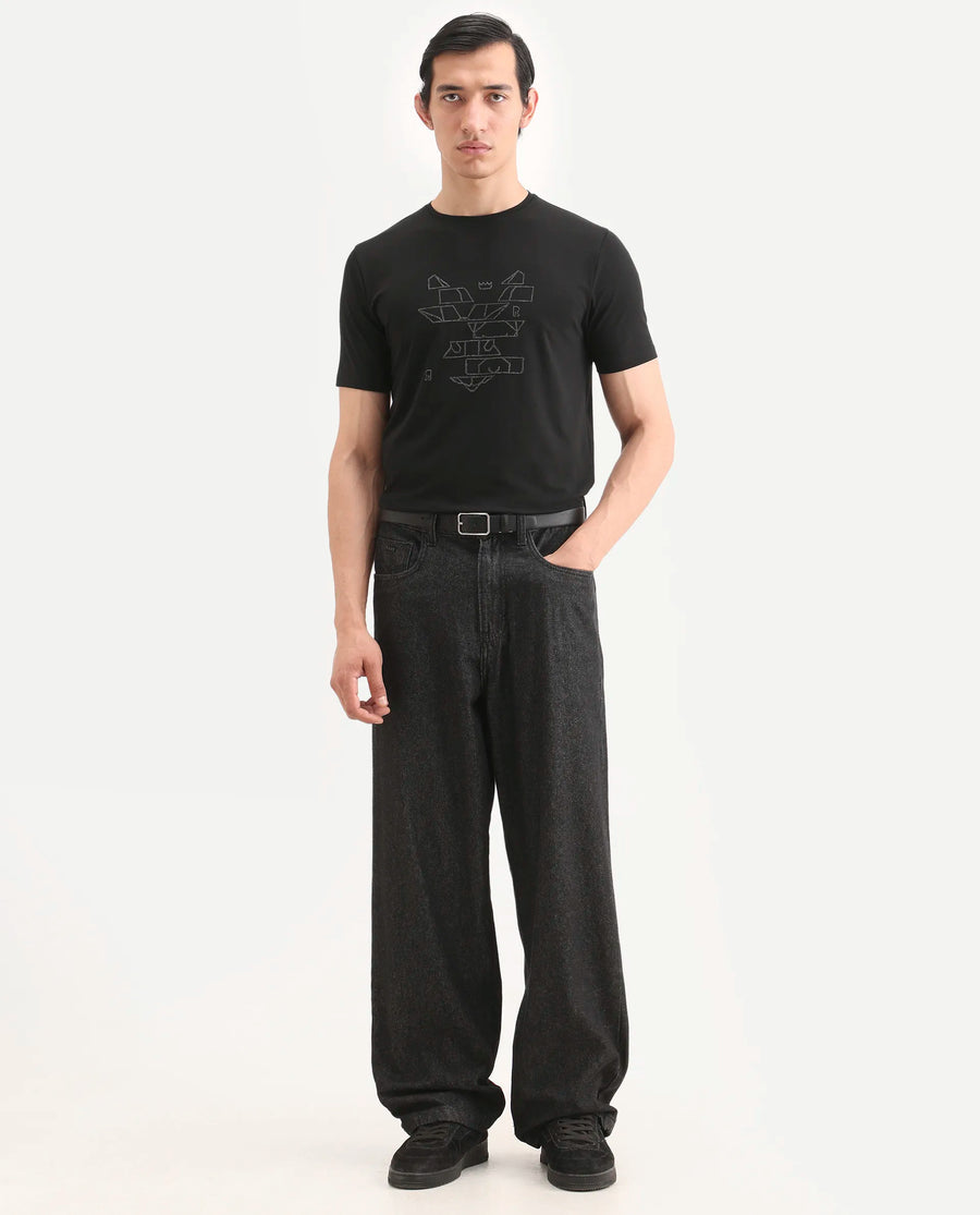 Rare Rabbit Men's Ery Black Cotton Blend Fabric Half Sleeve Crew Neck Regular Fit Puff Print T-Shirt