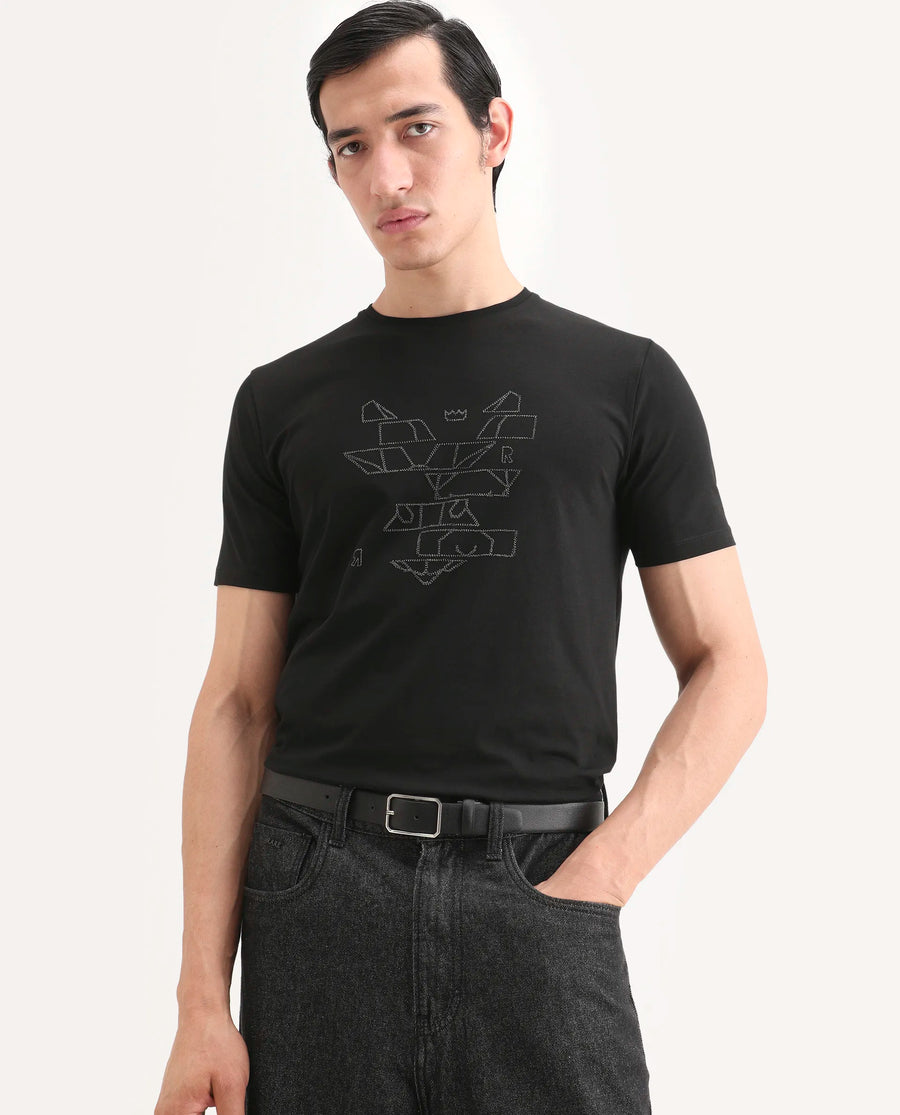 Rare Rabbit Men's Ery Black Cotton Blend Fabric Half Sleeve Crew Neck Regular Fit Puff Print T-Shirt