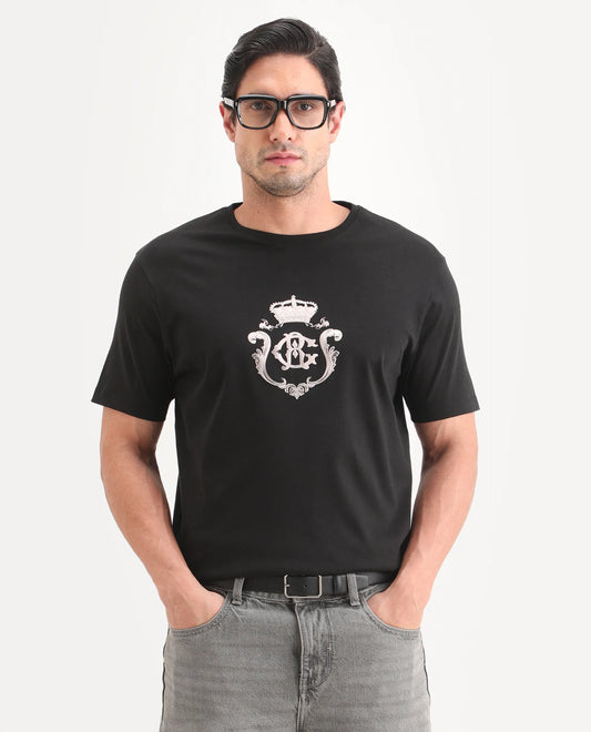 Rare Rabbit Men's Fein Black Cotton Fabric Half Sleeve Crew Neck Regular Fit Graphic Print T-Shirt