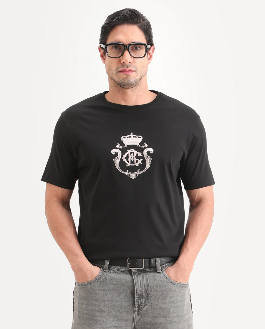 Rare Rabbit Men's Fein Black Cotton Fabric Half Sleeve Crew Neck Regular Fit Graphic Print T-Shirt
