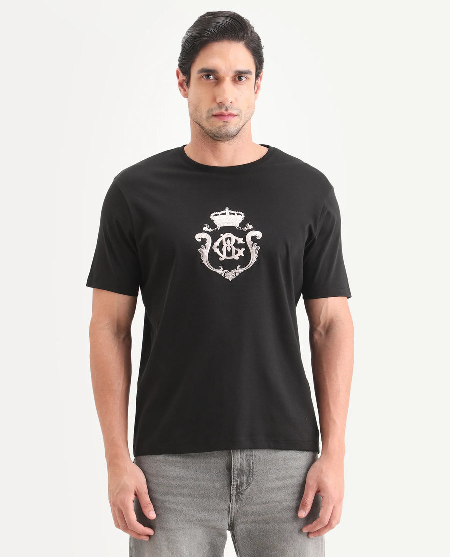 Rare Rabbit Men's Fein Black Cotton Fabric Half Sleeve Crew Neck Regular Fit Graphic Print T-Shirt