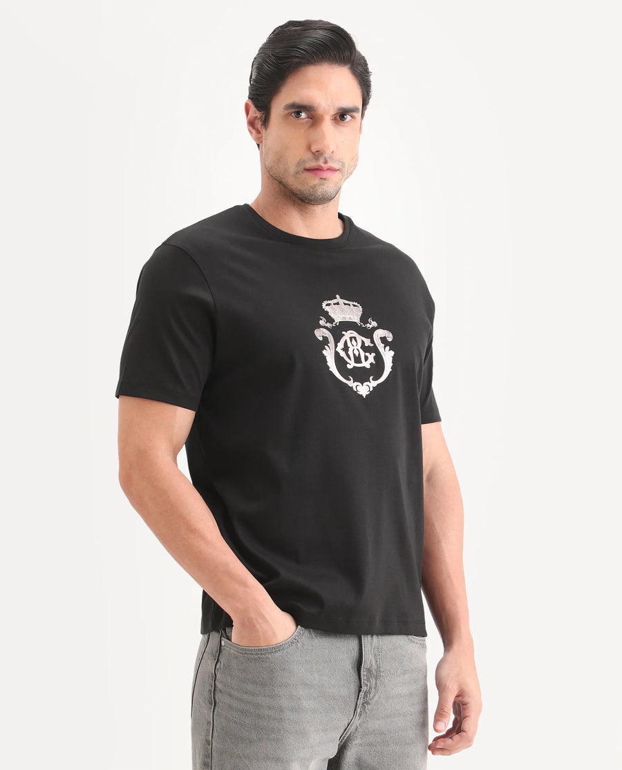 Rare Rabbit Men's Fein Black Cotton Fabric Half Sleeve Crew Neck Regular Fit Graphic Print T-Shirt
