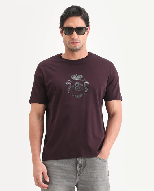 Rare Rabbit Men's Fein Maroon Cotton Fabric Half Sleeve Crew Neck Regular Fit Graphic Print T-Shirt