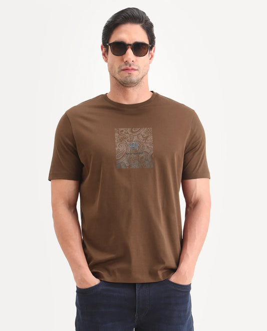 Rare Rabbit Men's Fiol Dusky Orange Cotton Fabric Half Sleeve Crew Neck Regular Fit Graphic Print T-Shirt