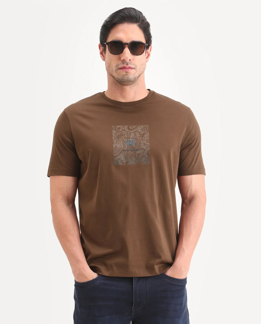 Rare Rabbit Men's Fiol Dusky Orange Cotton Fabric Half Sleeve Crew Neck Regular Fit Graphic Print T-Shirt