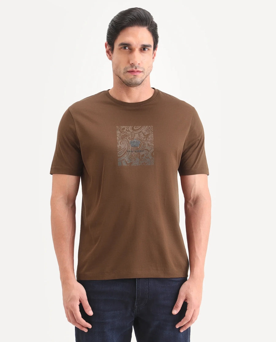Rare Rabbit Men's Fiol Dusky Orange Cotton Fabric Half Sleeve Crew Neck Regular Fit Graphic Print T-Shirt