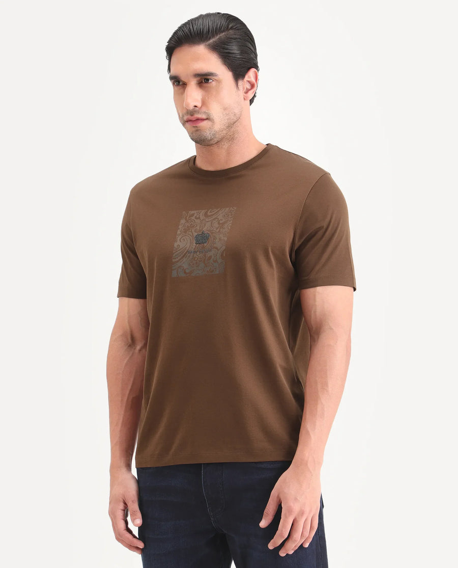 Rare Rabbit Men's Fiol Dusky Orange Cotton Fabric Half Sleeve Crew Neck Regular Fit Graphic Print T-Shirt