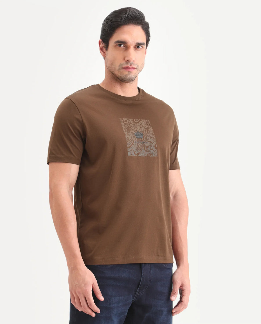Rare Rabbit Men's Fiol Dusky Orange Cotton Fabric Half Sleeve Crew Neck Regular Fit Graphic Print T-Shirt