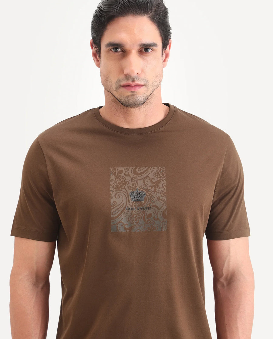 Rare Rabbit Men's Fiol Dusky Orange Cotton Fabric Half Sleeve Crew Neck Regular Fit Graphic Print T-Shirt
