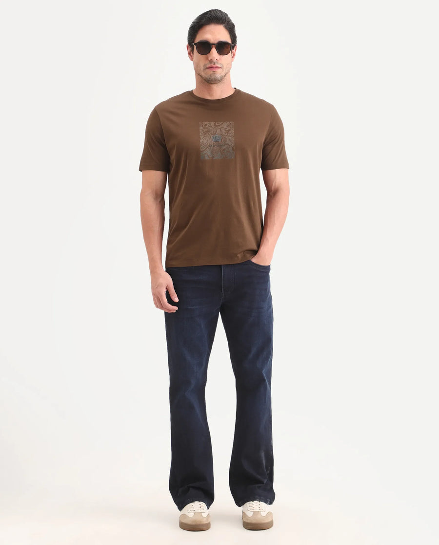 Rare Rabbit Men's Fiol Dusky Orange Cotton Fabric Half Sleeve Crew Neck Regular Fit Graphic Print T-Shirt