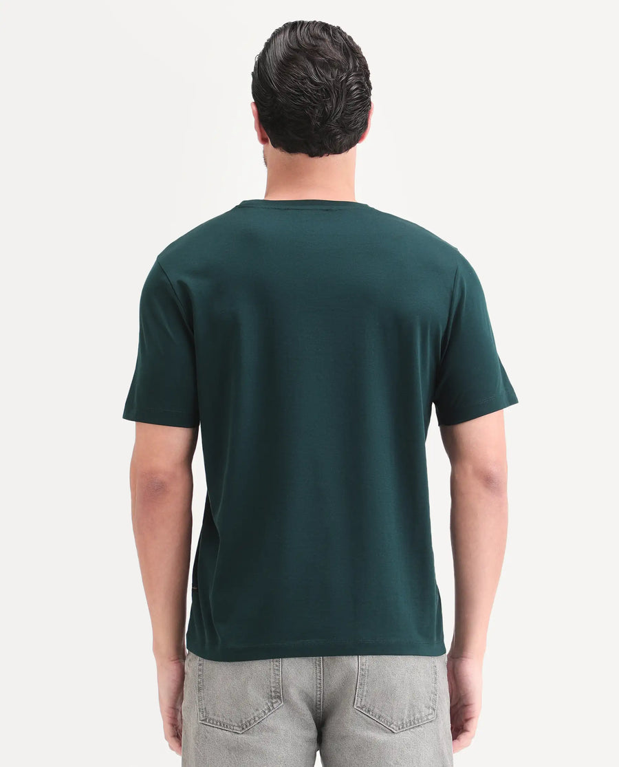 Rare Rabbit Men's Fiol Dark Green Cotton Fabric Half Sleeve Crew Neck Regular Fit Graphic Print T-Shirt