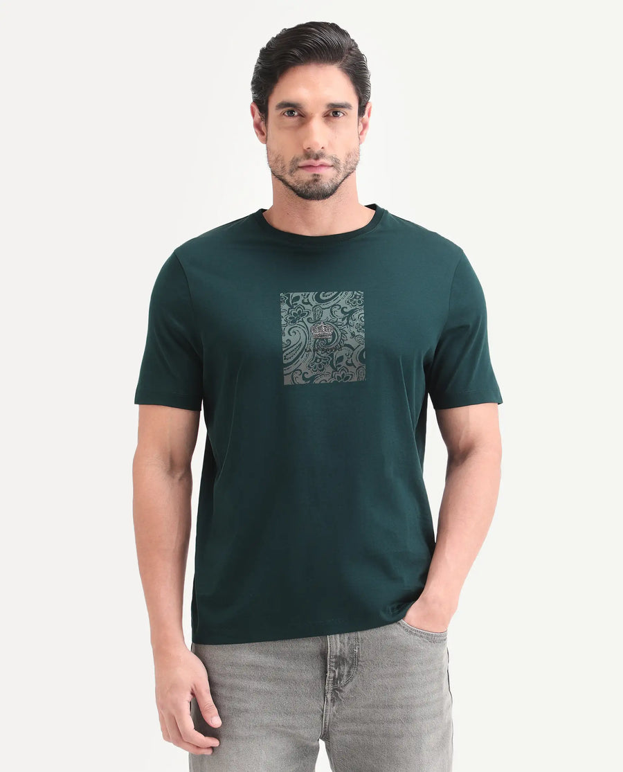 Rare Rabbit Men's Fiol Dark Green Cotton Fabric Half Sleeve Crew Neck Regular Fit Graphic Print T-Shirt