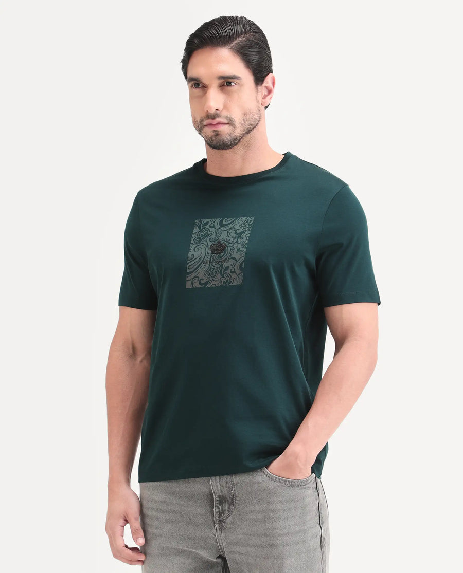Rare Rabbit Men's Fiol Dark Green Cotton Fabric Half Sleeve Crew Neck Regular Fit Graphic Print T-Shirt
