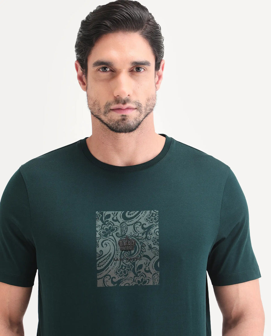 Rare Rabbit Men's Fiol Dark Green Cotton Fabric Half Sleeve Crew Neck Regular Fit Graphic Print T-Shirt