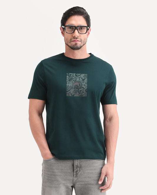 Rare Rabbit Men's Fiol Dark Green Cotton Fabric Half Sleeve Crew Neck Regular Fit Graphic Print T-Shirt