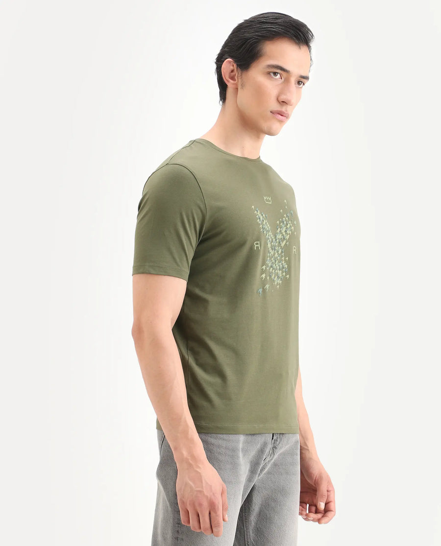 Rare Rabbit Men's Fle Olive Cotton Blend Fabric Half Sleeve Crew Neck Regular Fit Graphic Print T-Shirt