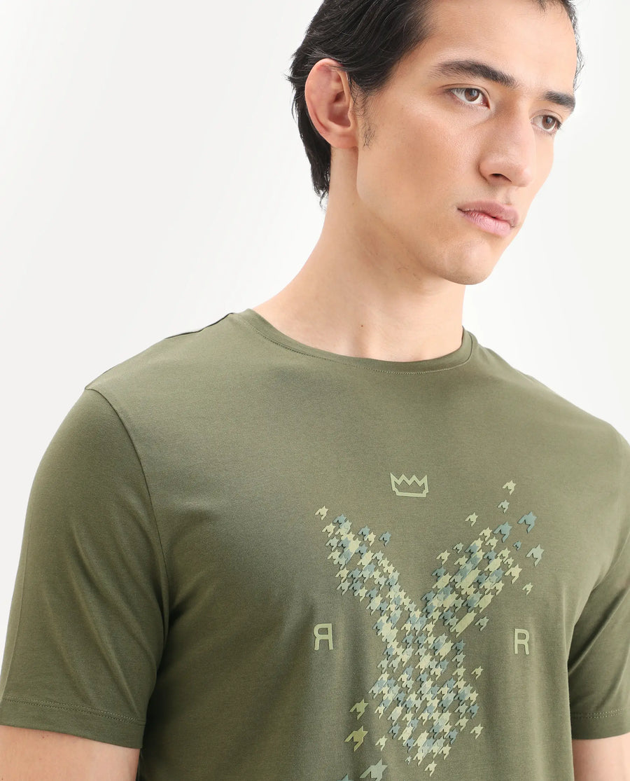 Rare Rabbit Men's Fle Olive Cotton Blend Fabric Half Sleeve Crew Neck Regular Fit Graphic Print T-Shirt