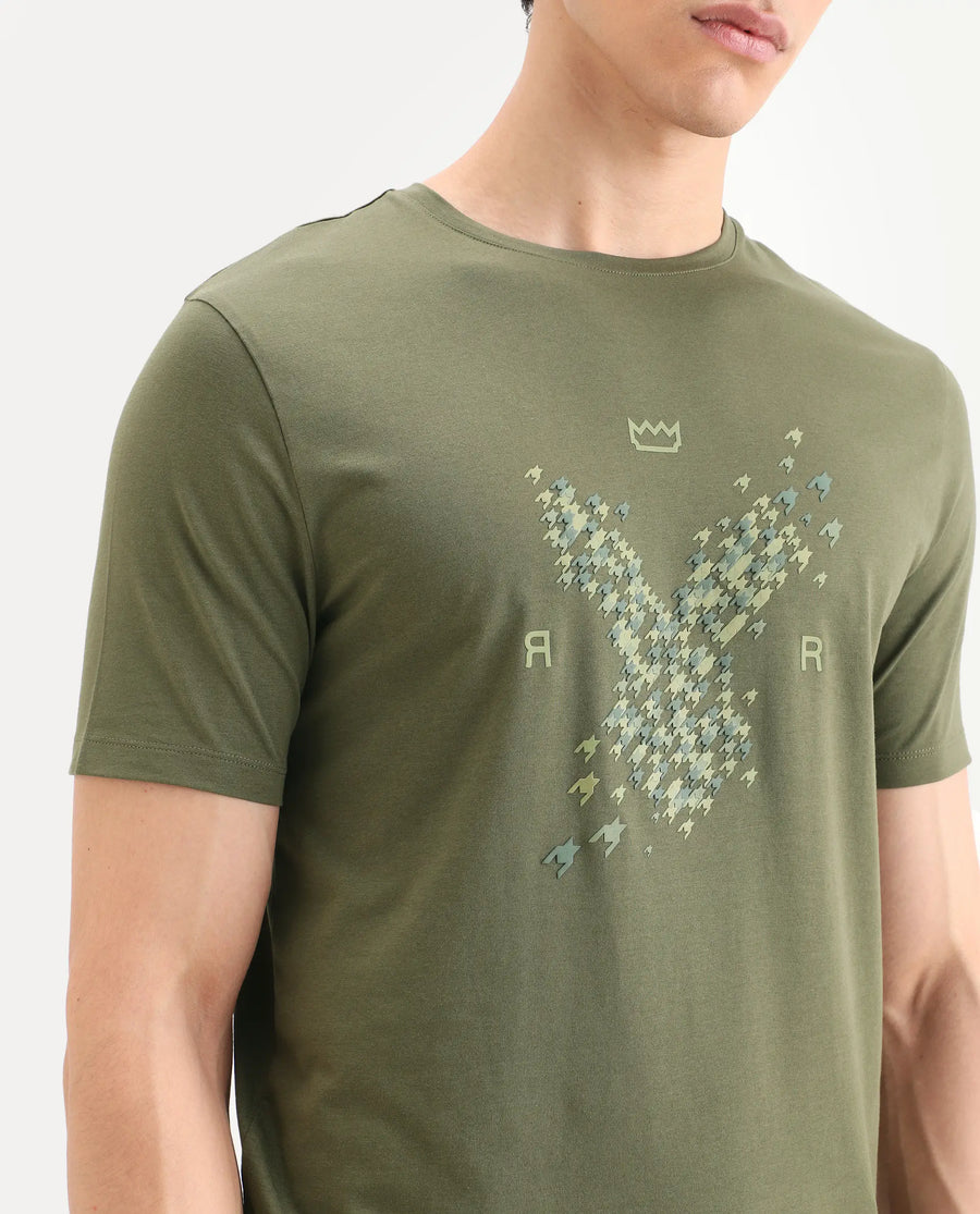 Rare Rabbit Men's Fle Olive Cotton Blend Fabric Half Sleeve Crew Neck Regular Fit Graphic Print T-Shirt
