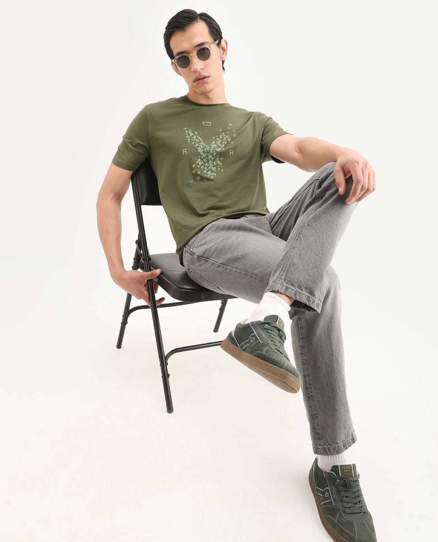 Rare Rabbit Men's Fle Olive Cotton Blend Fabric Half Sleeve Crew Neck Regular Fit Graphic Print T-Shirt
