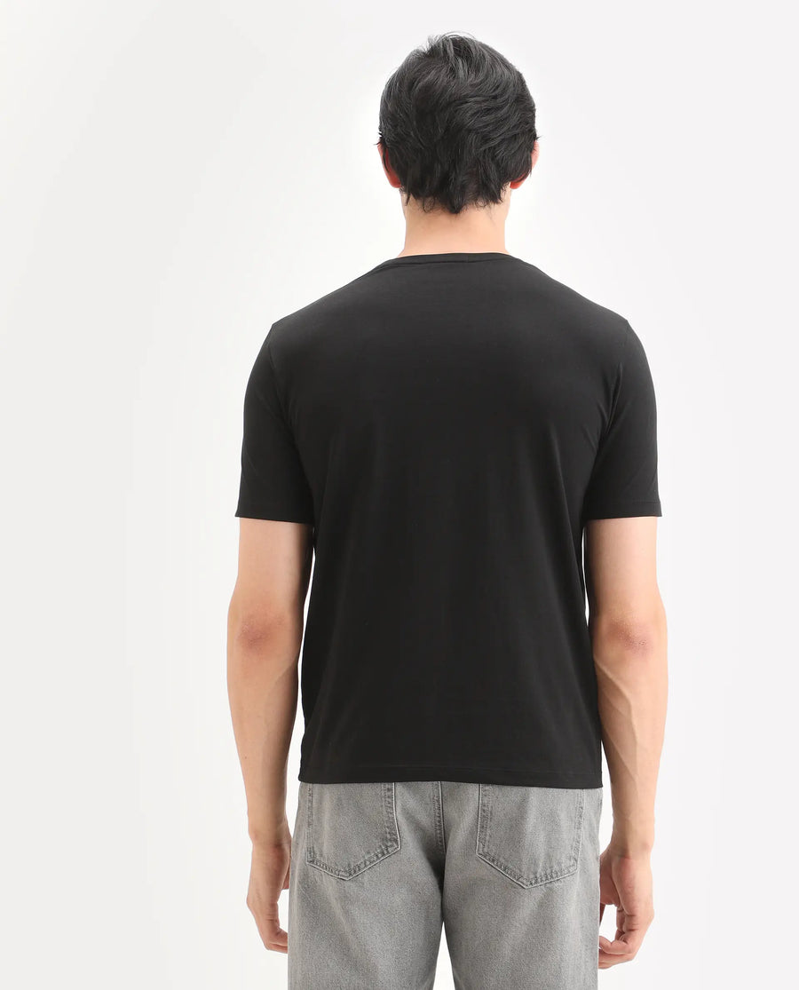 Rare Rabbit Men's Frea Black Cotton Blend Fabric Half Sleeve Crew Neck Regular Fit Plain T-Shirt