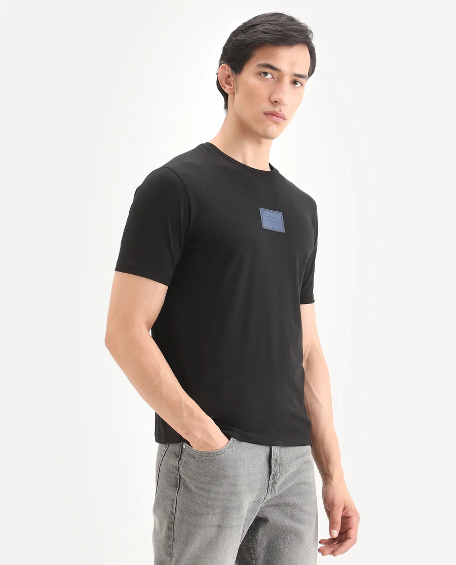 Rare Rabbit Men's Frea Black Cotton Blend Fabric Half Sleeve Crew Neck Regular Fit Plain T-Shirt