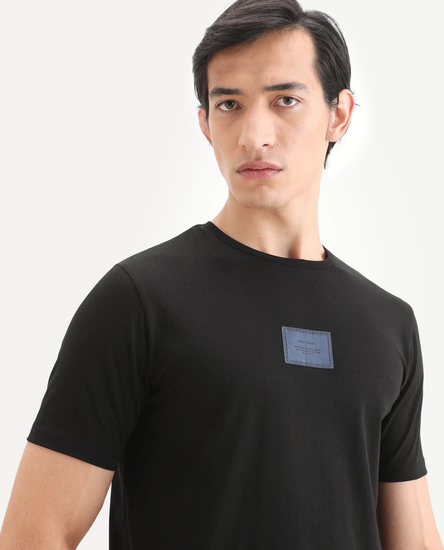 Rare Rabbit Men's Frea Black Cotton Blend Fabric Half Sleeve Crew Neck Regular Fit Plain T-Shirt