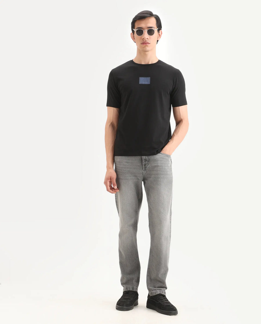 Rare Rabbit Men's Frea Black Cotton Blend Fabric Half Sleeve Crew Neck Regular Fit Plain T-Shirt