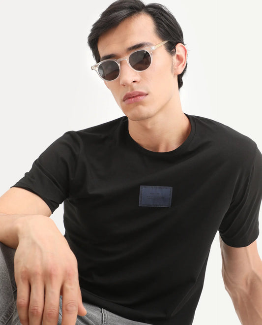 Rare Rabbit Men's Frea Black Cotton Blend Fabric Half Sleeve Crew Neck Regular Fit Plain T-Shirt