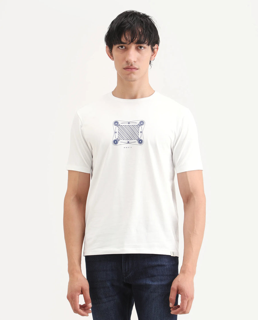 Rare Rabbit Men's Grap White Cotton Blend Fabric Half Sleeve Crew Neck Regular Fit Graphic Print T-Shirt