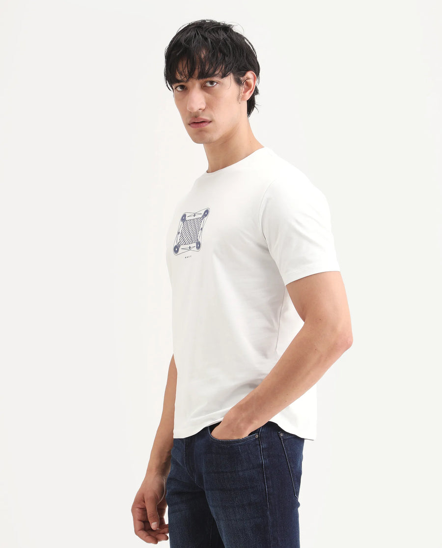 Rare Rabbit Men's Grap White Cotton Blend Fabric Half Sleeve Crew Neck Regular Fit Graphic Print T-Shirt