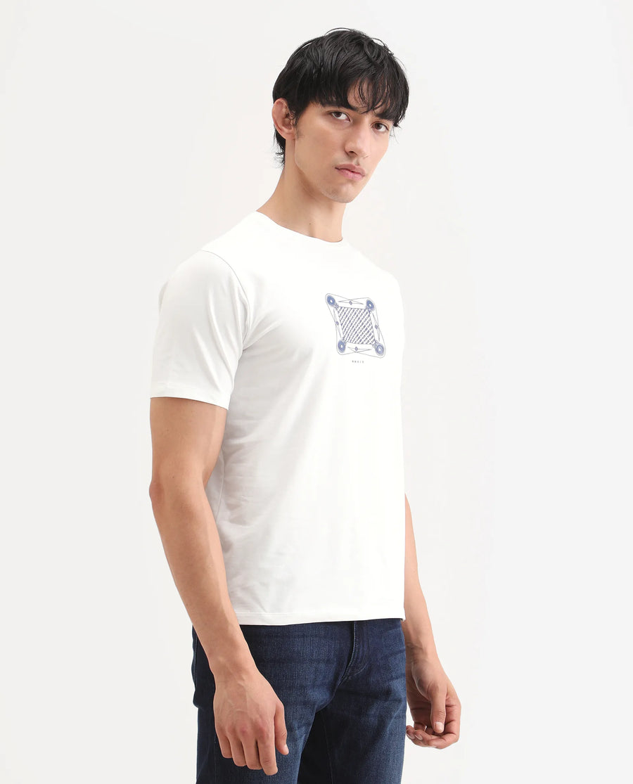 Rare Rabbit Men's Grap White Cotton Blend Fabric Half Sleeve Crew Neck Regular Fit Graphic Print T-Shirt