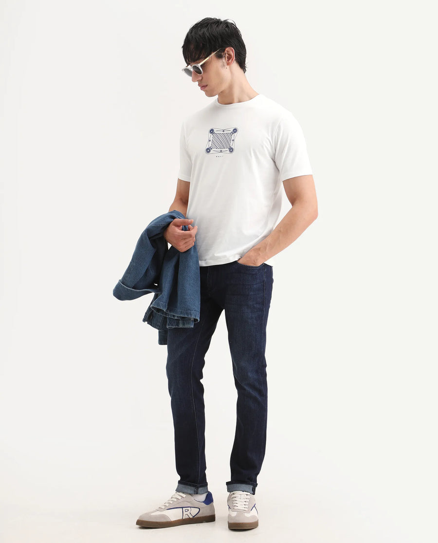 Rare Rabbit Men's Grap White Cotton Blend Fabric Half Sleeve Crew Neck Regular Fit Graphic Print T-Shirt