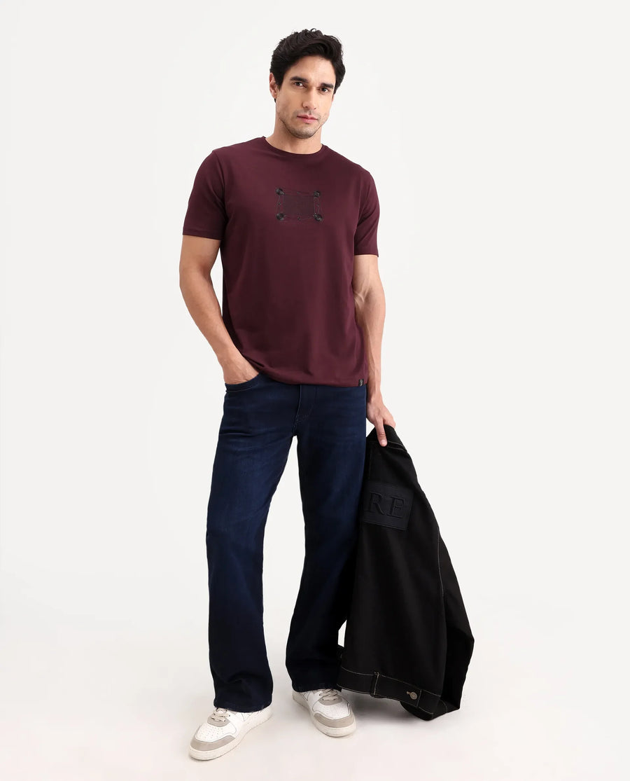 Rare Rabbit Men's Grap Maroon Cotton Blend Fabric Half Sleeve Crew Neck Regular Fit Graphic Print T-Shirt