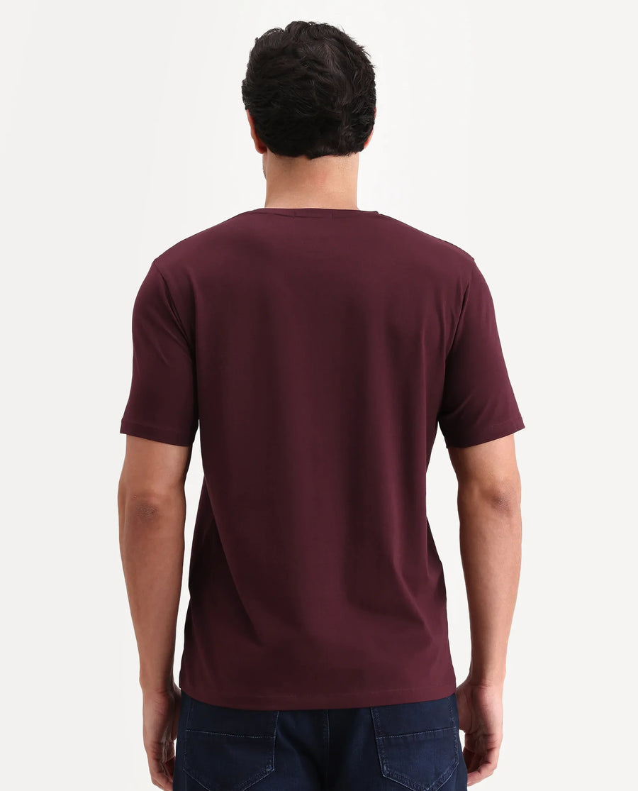 Rare Rabbit Men's Grap Maroon Cotton Blend Fabric Half Sleeve Crew Neck Regular Fit Graphic Print T-Shirt