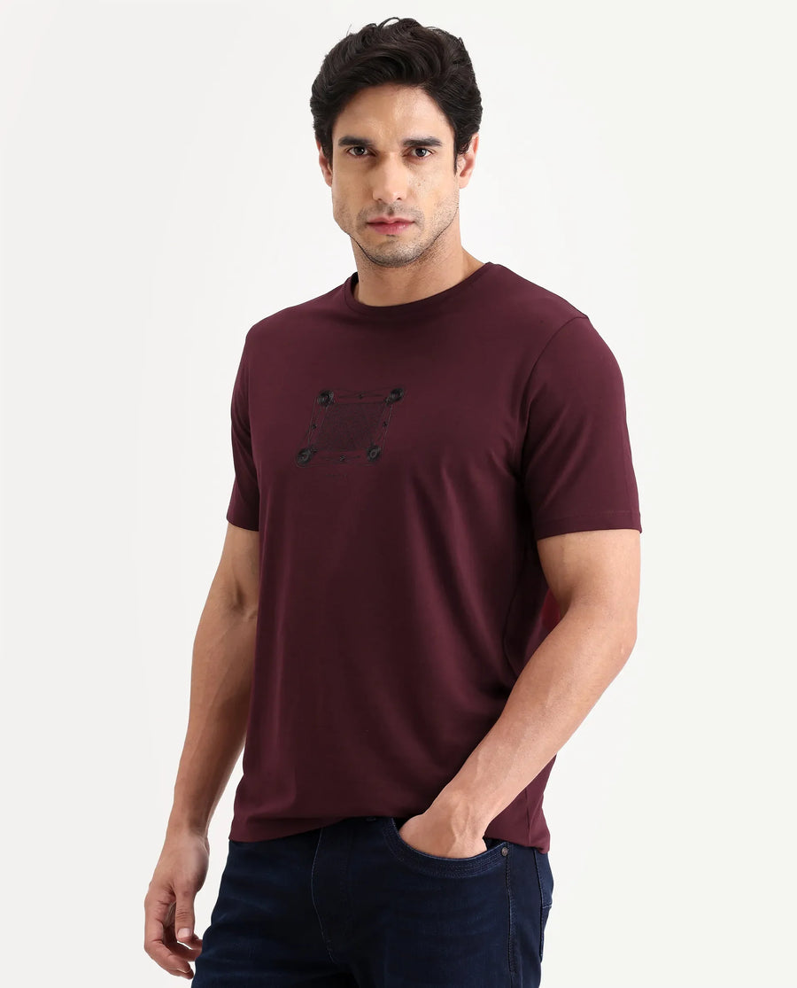 Rare Rabbit Men's Grap Maroon Cotton Blend Fabric Half Sleeve Crew Neck Regular Fit Graphic Print T-Shirt