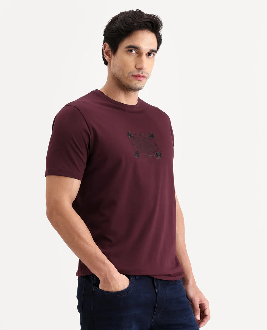 Rare Rabbit Men's Grap Maroon Cotton Blend Fabric Half Sleeve Crew Neck Regular Fit Graphic Print T-Shirt