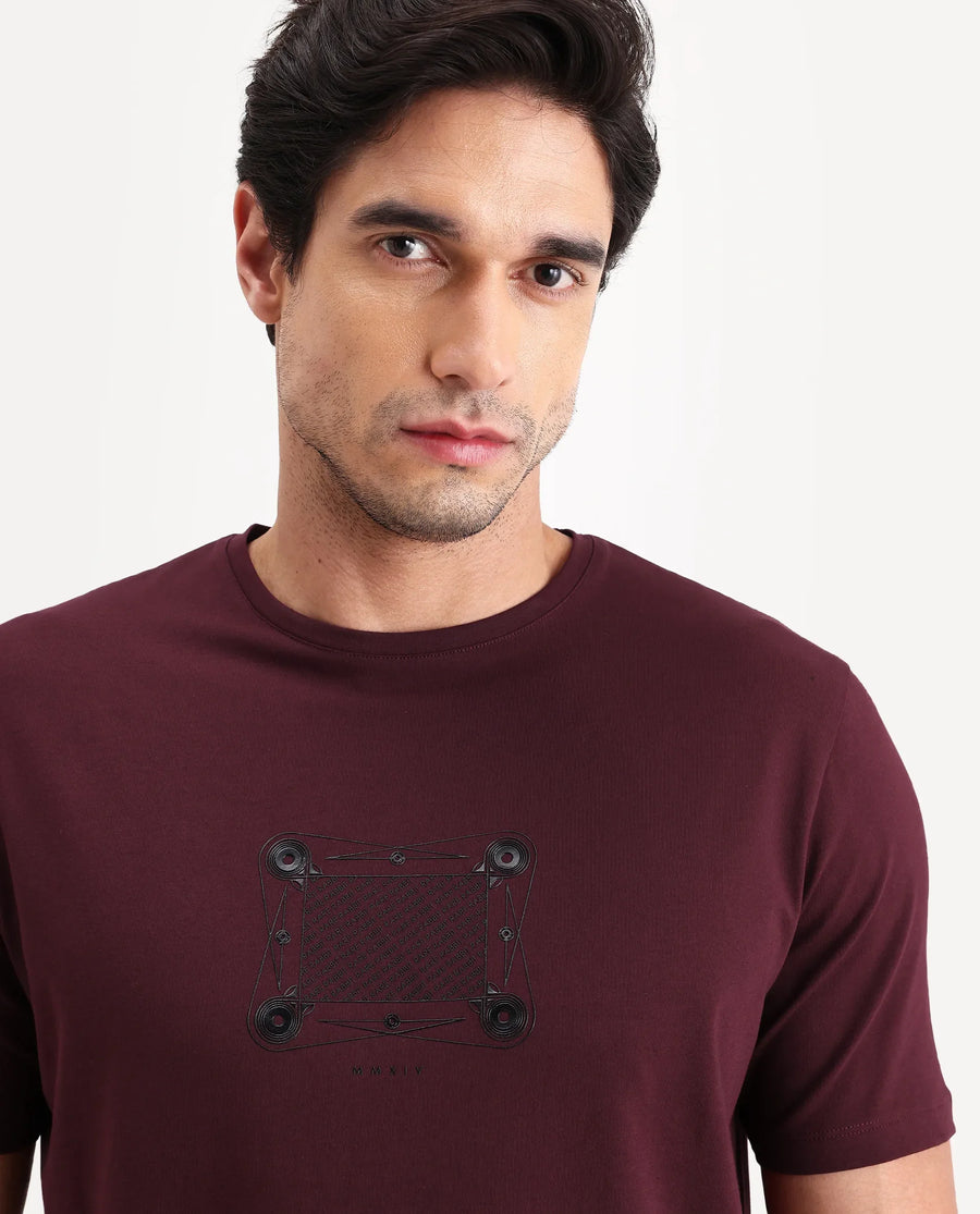 Rare Rabbit Men's Grap Maroon Cotton Blend Fabric Half Sleeve Crew Neck Regular Fit Graphic Print T-Shirt