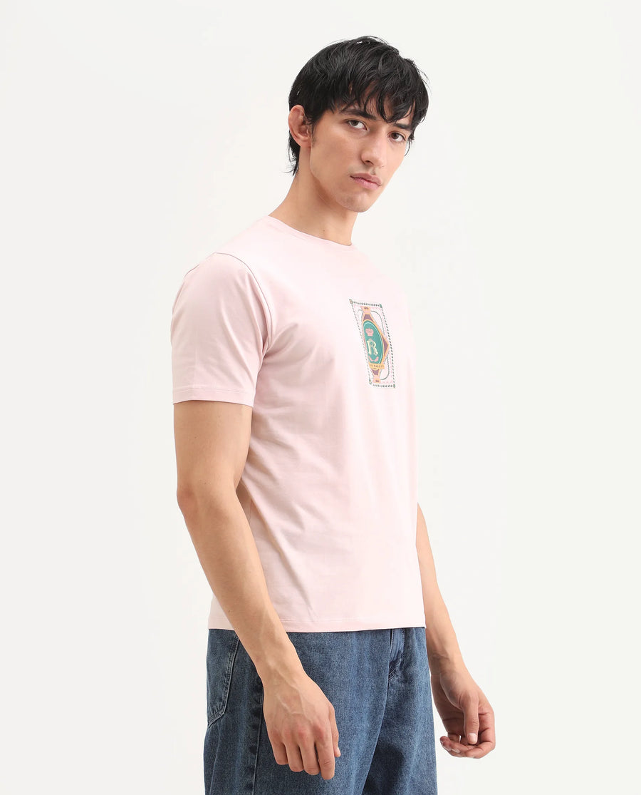 Rare Rabbit Men's Grit Light Pink Cotton Blend Fabric Half Sleeve Crew Neck Regular Fit Graphic Print T-Shirt
