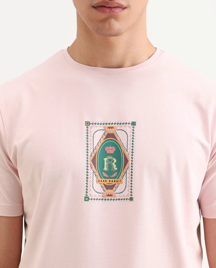 Rare Rabbit Men's Grit Light Pink Cotton Blend Fabric Half Sleeve Crew Neck Regular Fit Graphic Print T-Shirt