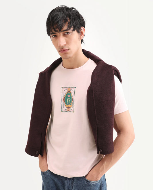 Rare Rabbit Men's Grit Light Pink Cotton Blend Fabric Half Sleeve Crew Neck Regular Fit Graphic Print T-Shirt
