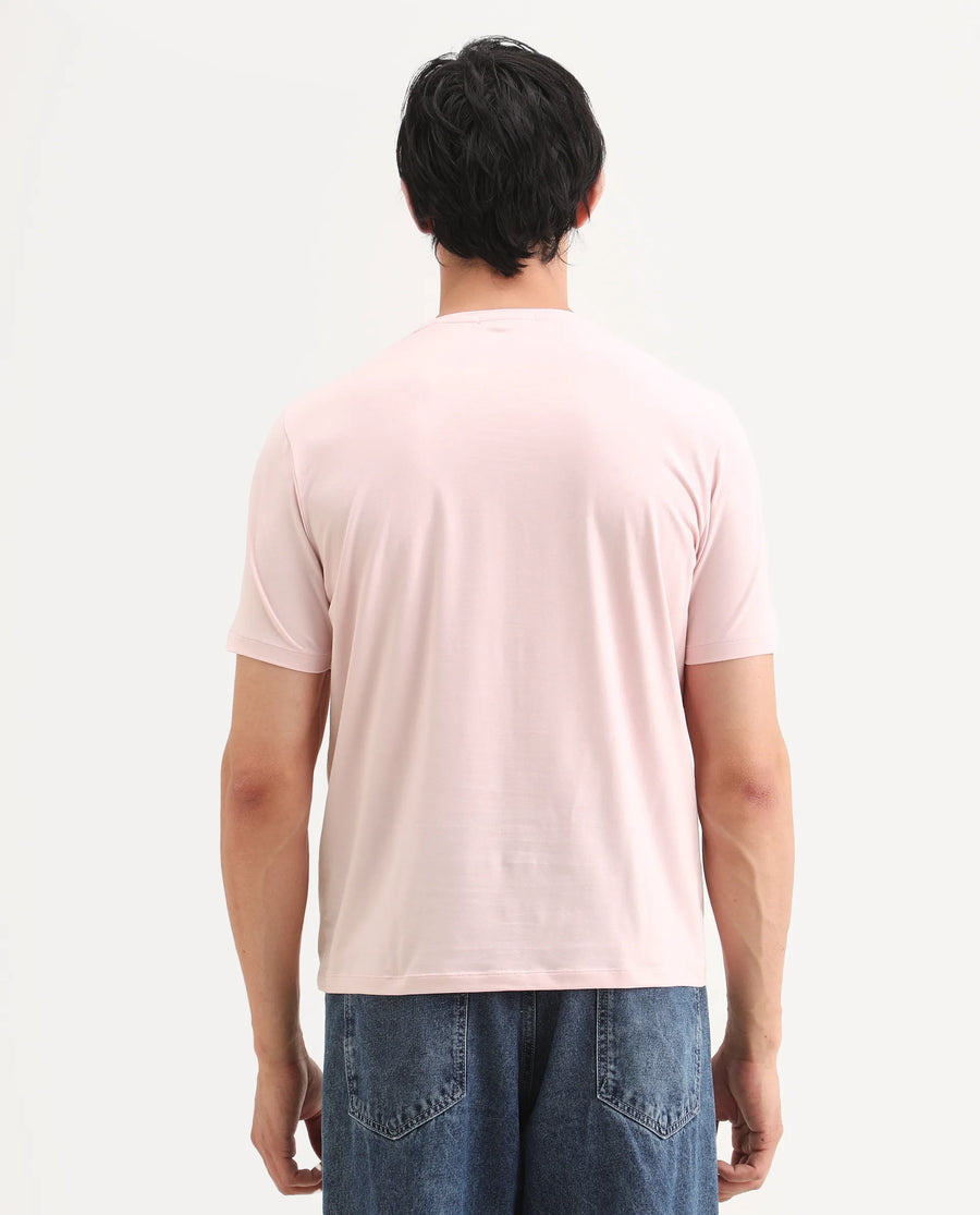 Rare Rabbit Men's Grit Light Pink Cotton Blend Fabric Half Sleeve Crew Neck Regular Fit Graphic Print T-Shirt