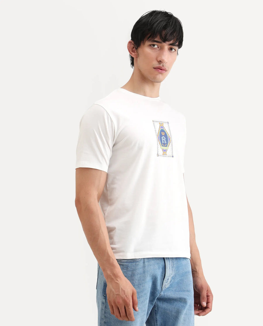 Rare Rabbit Men's Grit Off White Cotton Blend Fabric Half Sleeve Crew Neck Regular Fit Graphic Print T-Shirt