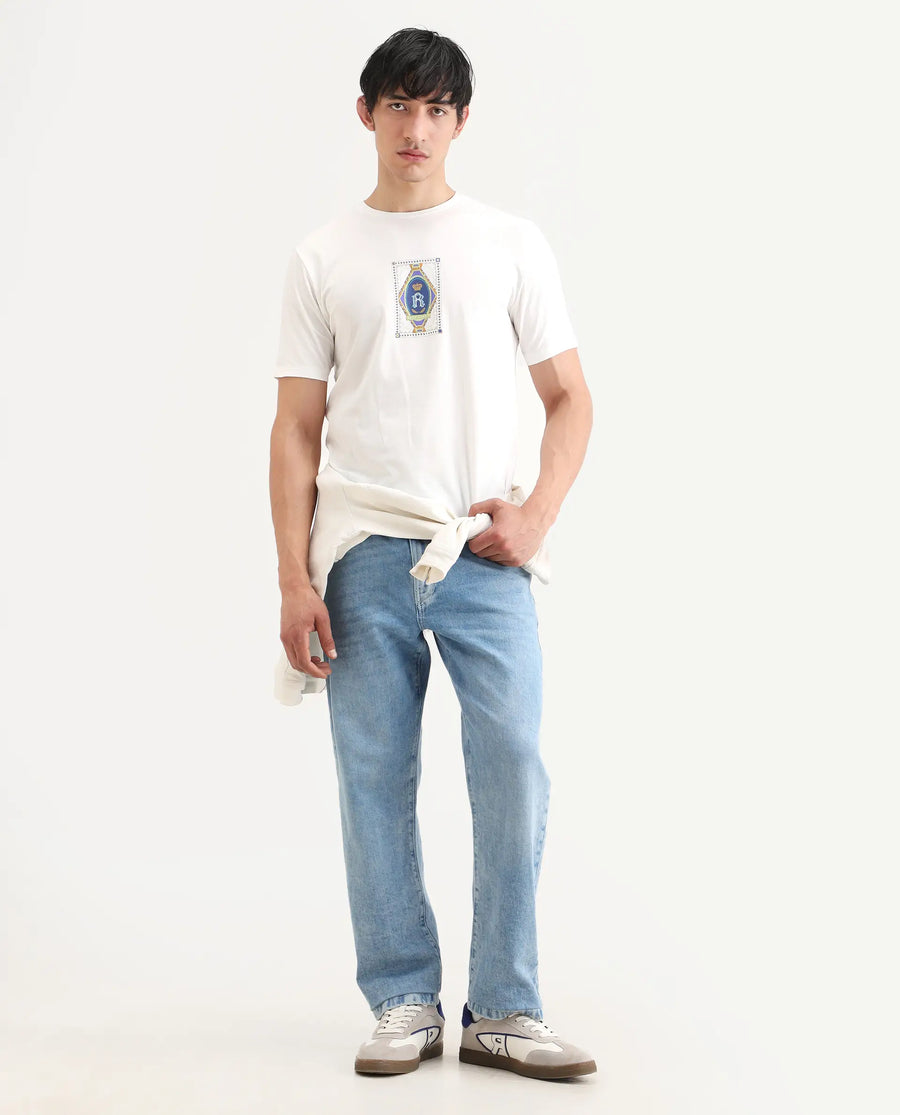 Rare Rabbit Men's Grit Off White Cotton Blend Fabric Half Sleeve Crew Neck Regular Fit Graphic Print T-Shirt